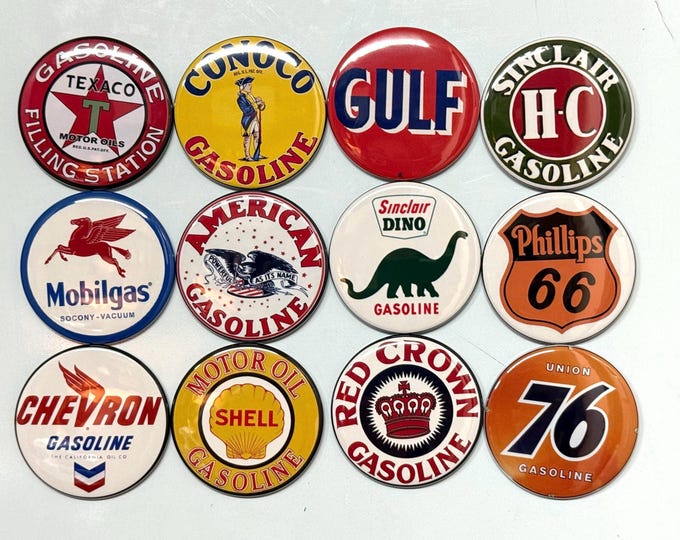 12 Gas Station Sign buttons with pictures of vintage gas station signs