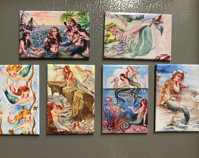 Beautiful mermaid Fridge magnets or pinback buttons Vintage images  2x3 inch Vintage Mermaid Pictures