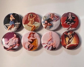 8 Pinup Girls Magnet Buttons or Pinbacks 1.5 inch buttons, Retro Vintage pin-up girls Set4