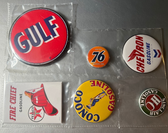 6 Gas Station Button Magnets, different sizes SetE