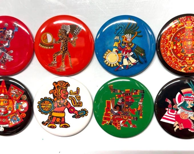 8 Aztec Buttons.  Your choice of pinbacks, flatbacks or magnet buttons