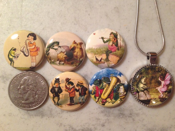Magnetic Interchangeable pendant, with 6 flatback buttons with pictures of vintage frog and toad