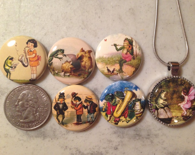 Magnetic Interchangeable pendant, with 6 flatback buttons with pictures of vintage frog and toad