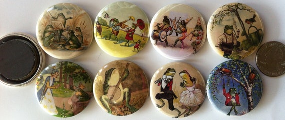 8 Frog fridge magnets, toads, frogs, reptiles, SET 2 Pinbacks, Magnets, or flatbacks. Several Sizes to choose from!