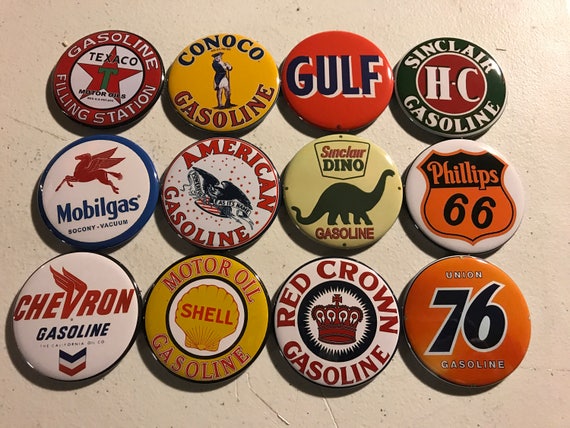 12 Gas Station Sign buttons with pictures of vintage gas station signs