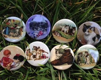 Vintage Kitten Magnets or Pinback Buttons: 1.5" Cat Lover Set of 8