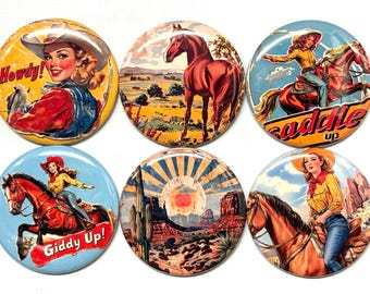 6 Cowgirl Fridge Magnets, pinbacks, flatbacks and more.  Choose your size/style. (s5)