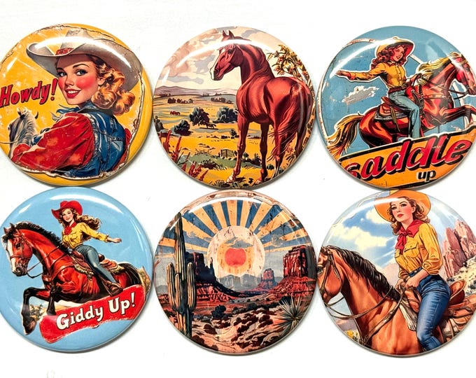 6 Cowgirl Fridge Magnets, pinbacks, flatbacks and more.  Choose your size/style. (s5)