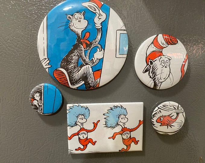 5 The Cat in the Hat magnet buttons, party favors from repurposed book