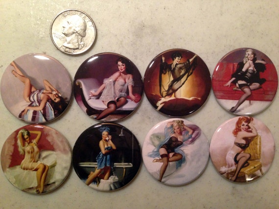 8 Pinup Girls Magnet Buttons or Pinbacks 1.5 inch buttons, Retro Vintage pin-up girls Set4