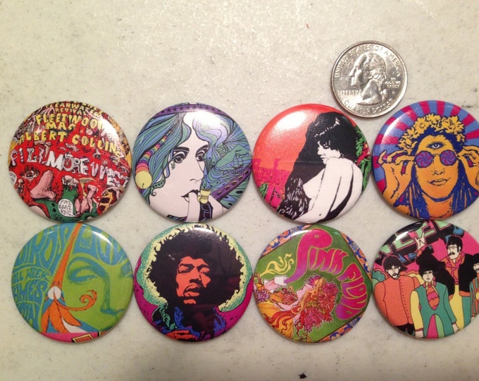 8 retro 60's poster Buttons, available as pinbacks, flatbacks, fridge magnets and more.  Many sizes and styles to choose from. Set2.