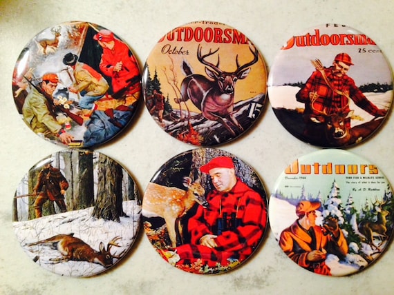 6 Hunting buttons with vintage pictures, Pinback buttons or Magnet Buttons. Several sizes/styles available