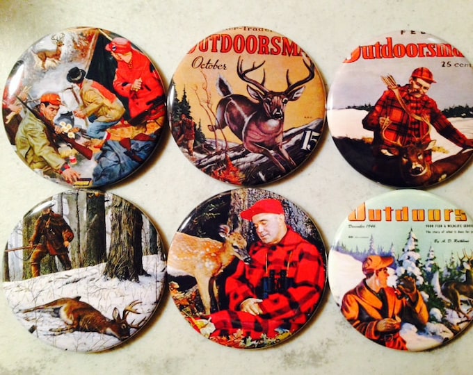 6 Hunting buttons with vintage pictures,  Pinback buttons or Magnet Buttons. Several sizes/styles available