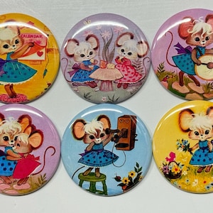 6 Retro Mice, pinbacks, flatbacks, magnets and more. Choose your size/style.