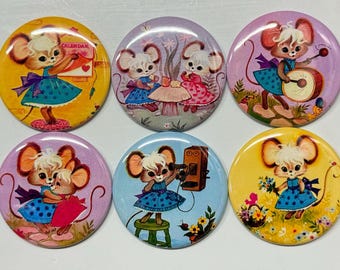 6 Retro Mice, pinbacks, flatbacks, magnets and more. Choose your size/style.