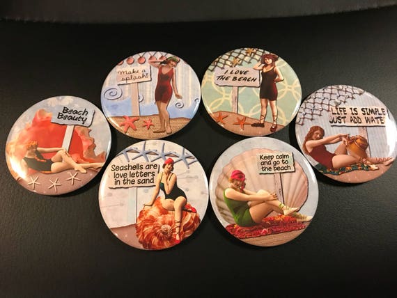 6 Beach Ladies Pinbacks or Magnet Buttons. Set 3. Several sizes/styles available