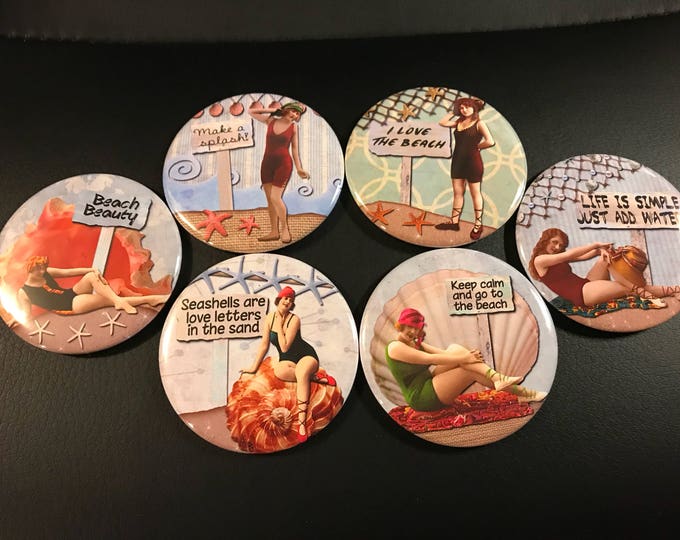 6 Beach Ladies Pinbacks or Magnet Buttons. Set 3.  Several sizes/styles available