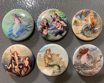 6 Vintage Mermaid Fridge Magnets Set 2.  Choose your size/style.
