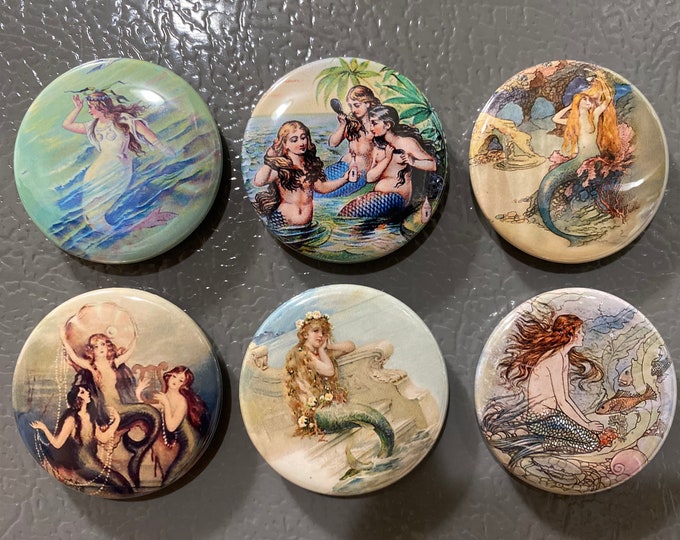 6 Vintage Mermaid Fridge Magnets Set 2.  Choose your size/style.