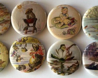 8 frog fridge magnets, toads, frogs, reptiles, set 3 with vintage pictures of frogs