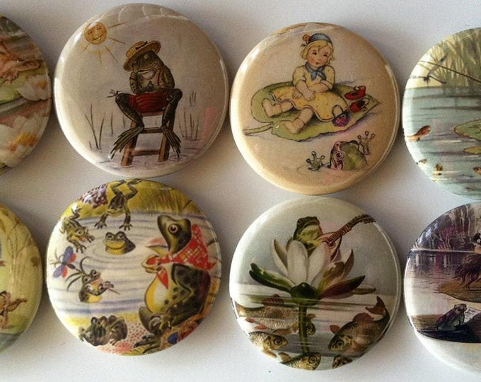 8 frog fridge magnets, toads, frogs, reptiles, set 3 with vintage pictures of frogs