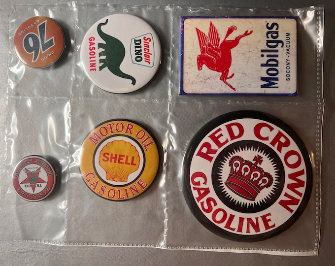 6 Gas Station Button Magnets, different sizes