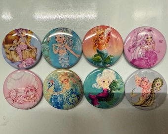 6 Child mermaids Fridge Magnets, pinbacks, flatbacks and more.  Choose your size/style. (s2)