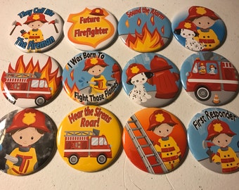 Firefighters Party Favors fridge magnet, flatback or pinback buttons! Choose hair color, gender, button sizes and styles.