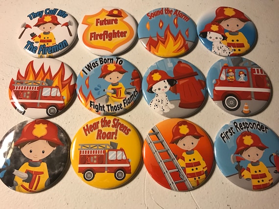 Firefighters Party Favors fridge magnet, flatback or pinback buttons! Choose hair color, gender, button sizes and styles.