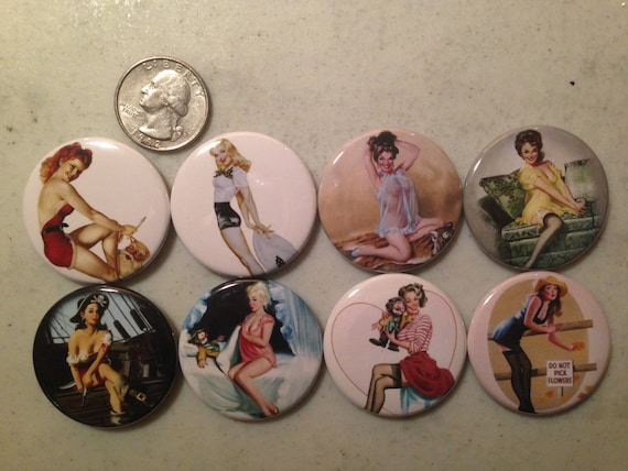8 Pinup Girls Magnet Buttons or Pinbacks 1.5 inch buttons, Retro Vintage pin-up girls Set1
