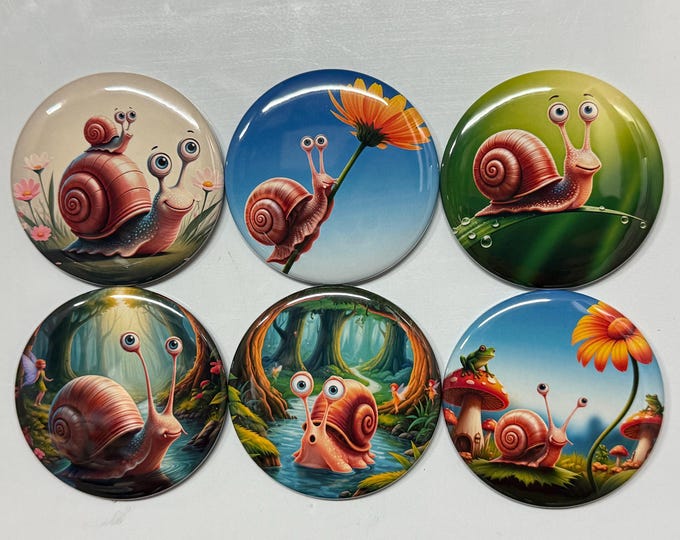 6 Snail Fridge Magnets, pinbacks, flatbacks and more.  Choose your size/style. (s1)