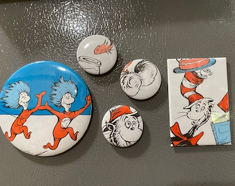 5 The Cat in the Hat magnet buttons, party favors from repurposed book Set 3