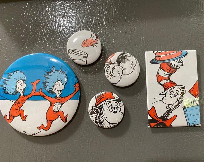 5 The Cat in the Hat magnet buttons, party favors from repurposed book Set 3