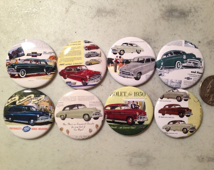 8 1950 Chevy buttons available as magnet buttons, pinbacks, flatbacks and more. Many sizes to chose from (SET 2)