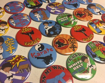 Karate Party Favors: Blue Martial Arts Pinback Buttons, Magnets - Set of 20/24
