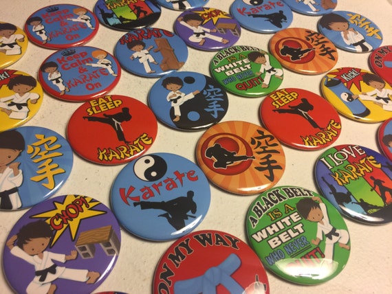 Karate, Martial Arts Pinbacks, Flatbacks or Fridge magnet buttons Party Favors, boys and girls Set of 20 or Set of 24 see description