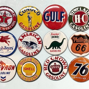 Vintage Gas Station Sign Buttons: Pinback, Magnet, or Flat - Set of 12