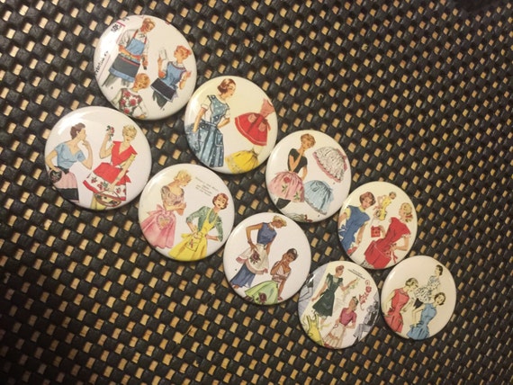 9 Apron Buttons available as pinbacks, flatbacks, magnets, and more. Many sizes to choose from. Set 1