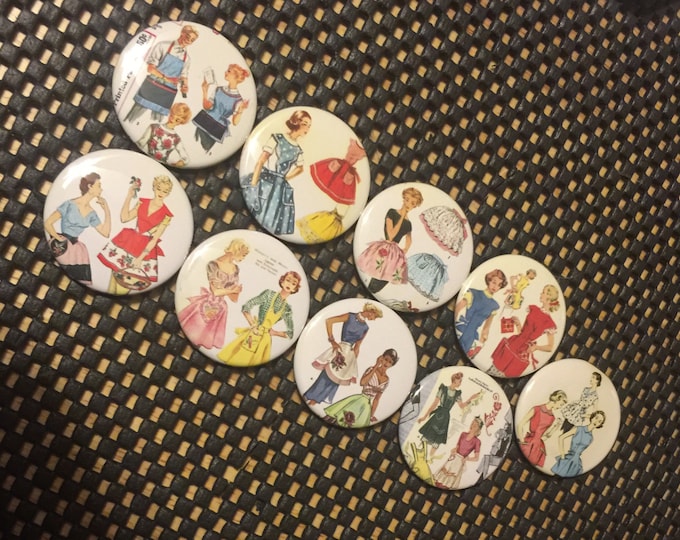 9 Apron Buttons available as pinbacks, flatbacks, magnets, and more.  Many sizes to choose from. Set 1