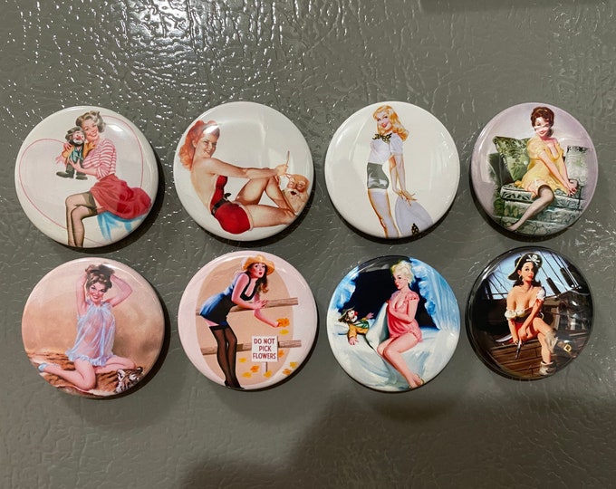 8 Pinup Girls Magnet Buttons or Pinbacks 1.5 inch buttons, Retro Vintage pin-up girls Set1