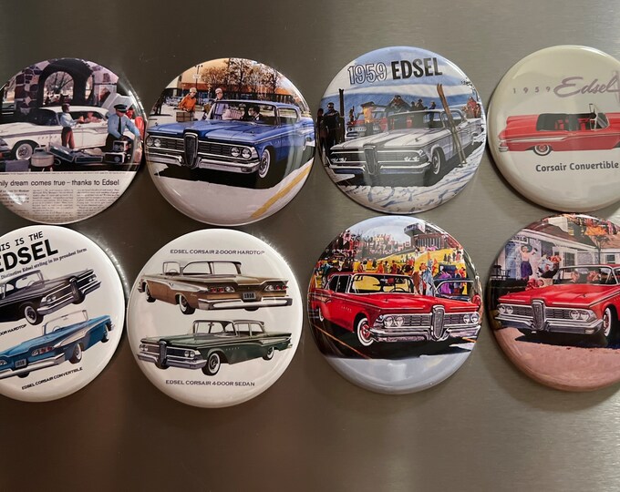 8 Ford Edsel Corsair buttons available as pinback, flatbacks, magnets and more. Many sizes to choose from.