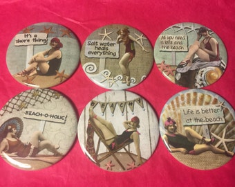 6 Beach Ladies Pinbacks or Magnet Buttons. Set 4.  Several sizes/styles available