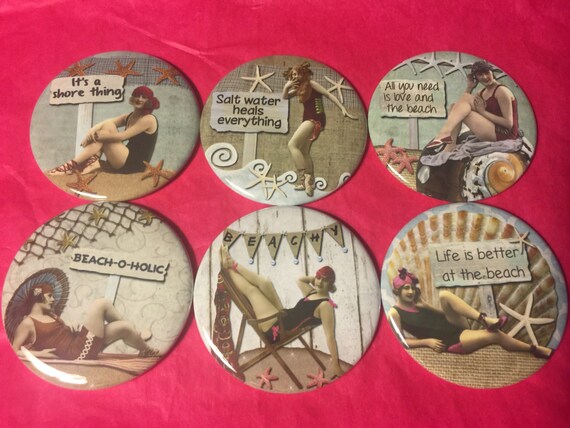 6 Beach Ladies Pinbacks or Magnet Buttons. Set 4. Several sizes/styles available