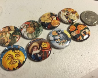 8 Halloween Fridge Magnet buttons, pinbacks, flatbacks Set 1, you choose size and style