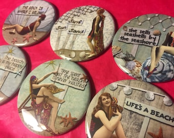 6 Beach Ladies Pinbacks or Magnet Buttons. Several sizes/styles available