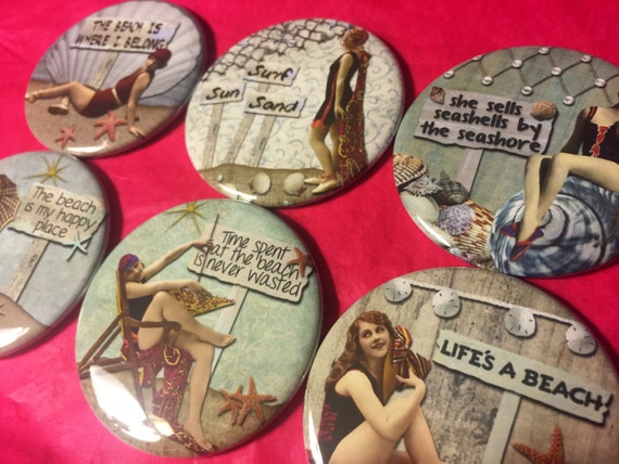 6 Beach Ladies Pinbacks or Magnet Buttons. Several sizes/styles available