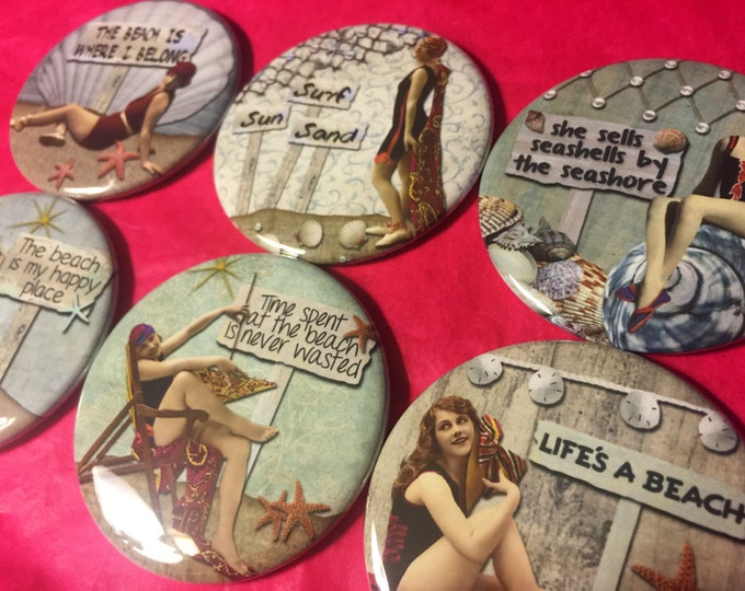 6 Beach Ladies Pinbacks or Magnet Buttons. Several sizes/styles available