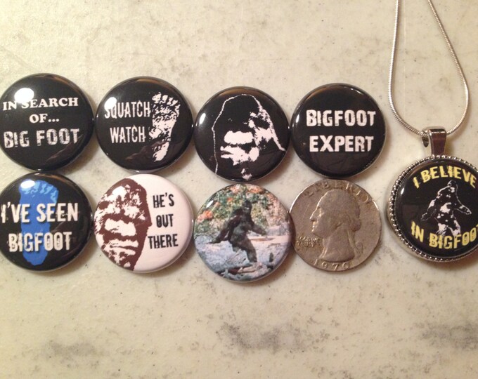 NEW! Bigfoot Pendant!!  8 Bigfoot, Sasquatch, Yeti flatback buttons and 1 Magnetic Interchangeable Pendant