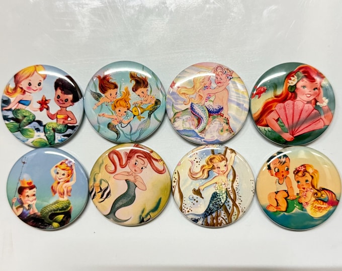 6 Child mermaids Fridge Magnets, pinbacks, flatbacks and more.  Choose your size/style.