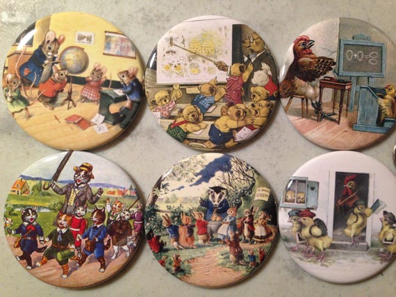6 kittens at school, cats in clothes, Pinback buttons or Magnet Buttons. Several sizes/styles available Set 2